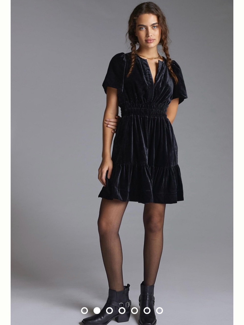 Anthropologie Somerset Black Velvet Short-Sleeve Tiered Mini Dress XS